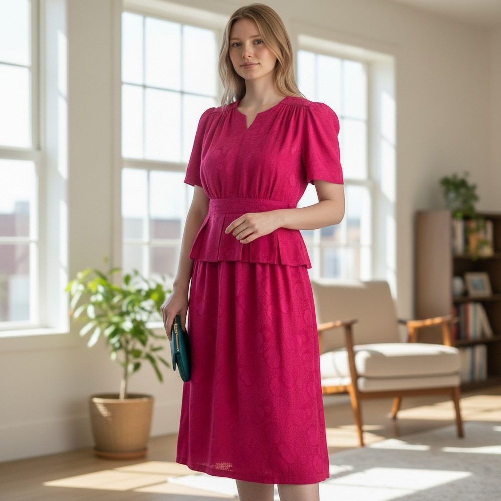 Vtg Womens 4 100% Silk Magenta Damask Jaquard Peplum Skirt Set 80s Power‎ Glam